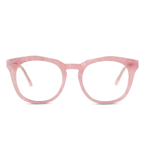 diff eyewear weston square glasses with a geo pink frame and prescription lenses front view