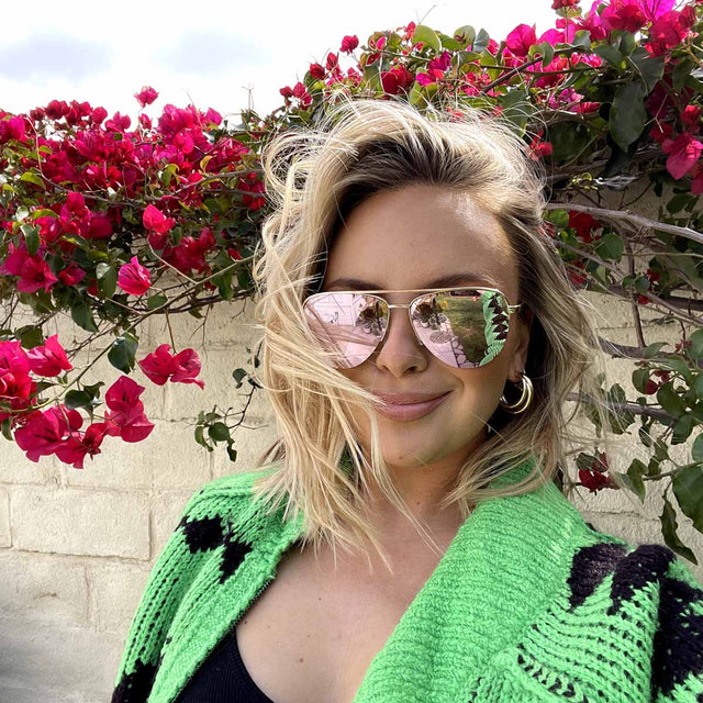 customer content - female wearing tate aviator rose gold with cherry blossom mirror sunglasses