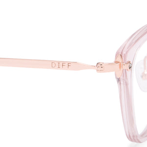 diff eyewear rue square glasses with a light pink crystal acetate frame and prescription lenses detailed view