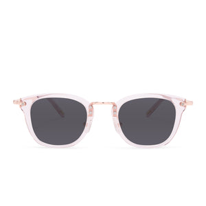 prescription sunglasses - diff eyewear rue square as a sunglasses with a light pink crystal acetate frame and grey prescription lenses front view