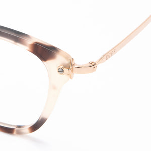Rue prescription glasses with cream tortoise detailed shot