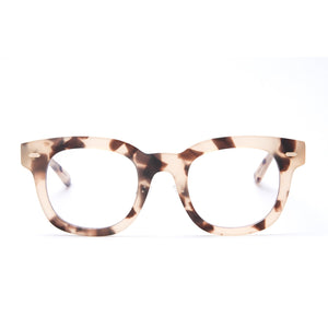 Summer eyeglasses with cream tortoise frames and blue light technology lens front view
